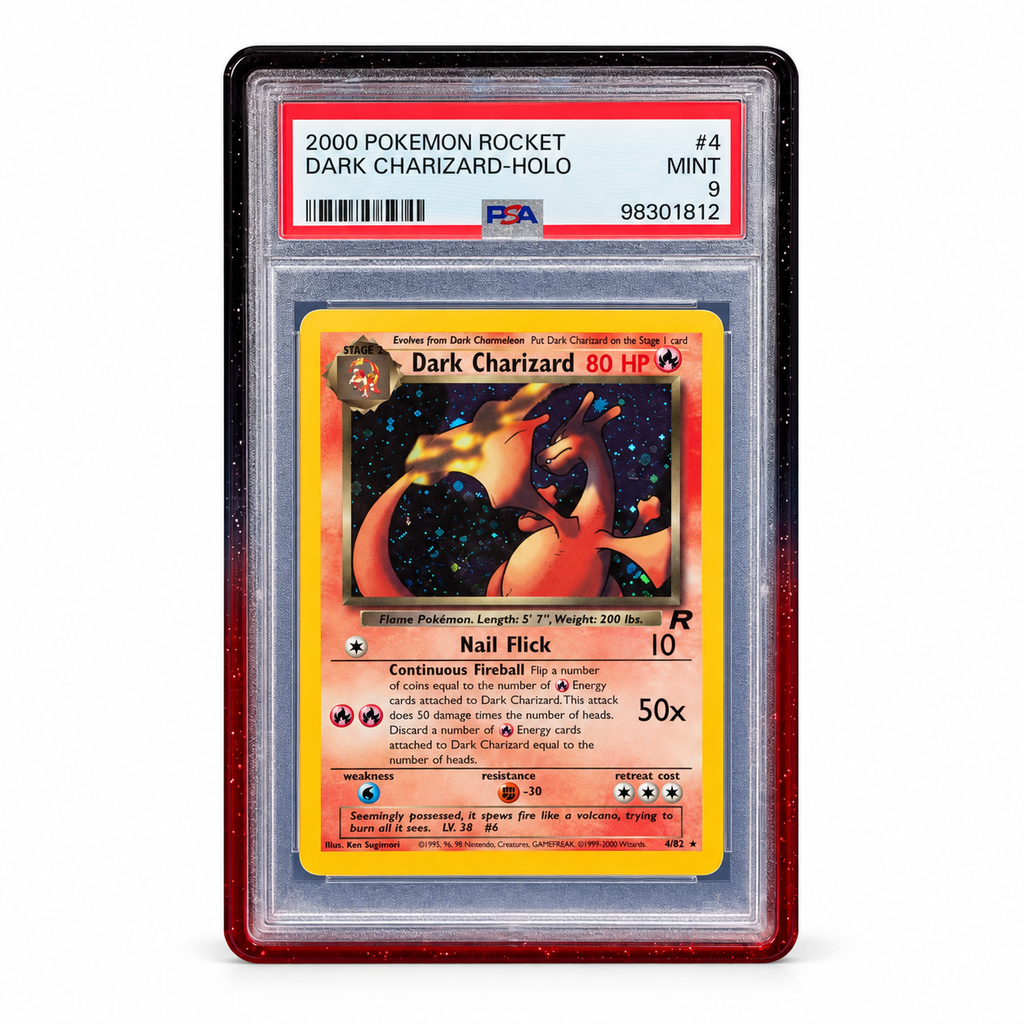 Black to red gradient protector fitted around a PSA Dark Charizard slab; card and slab not included