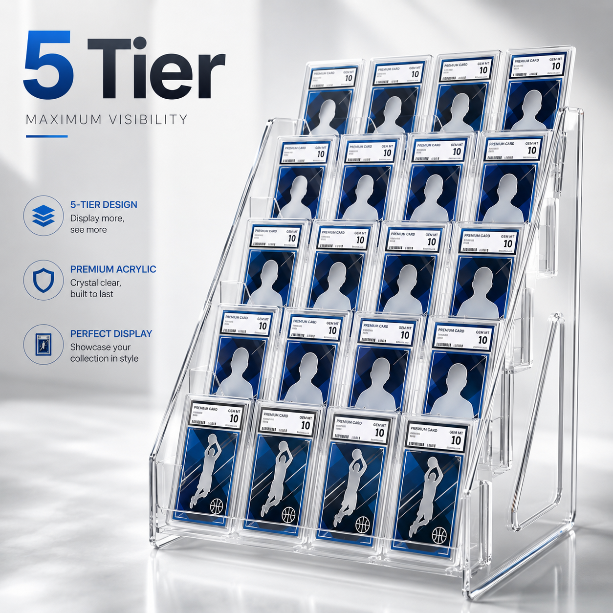 5-Tier Clear Trading Card Display Stand for Graded Slabs, Toploaders, – OBD Collectibles