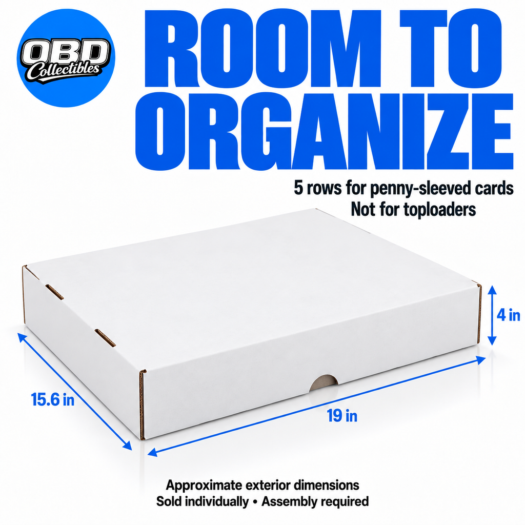 Five-row storage box with lid closed. Approximate exterior dimensions 19 by 15.6 by 4 inches. Penny-sleeved cards only, not toploaders.