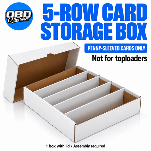 Five-row white corrugated card storage box with four internal dividers and matching removable lid. Penny-sleeved cards only; not for toploaders. Assembly required.