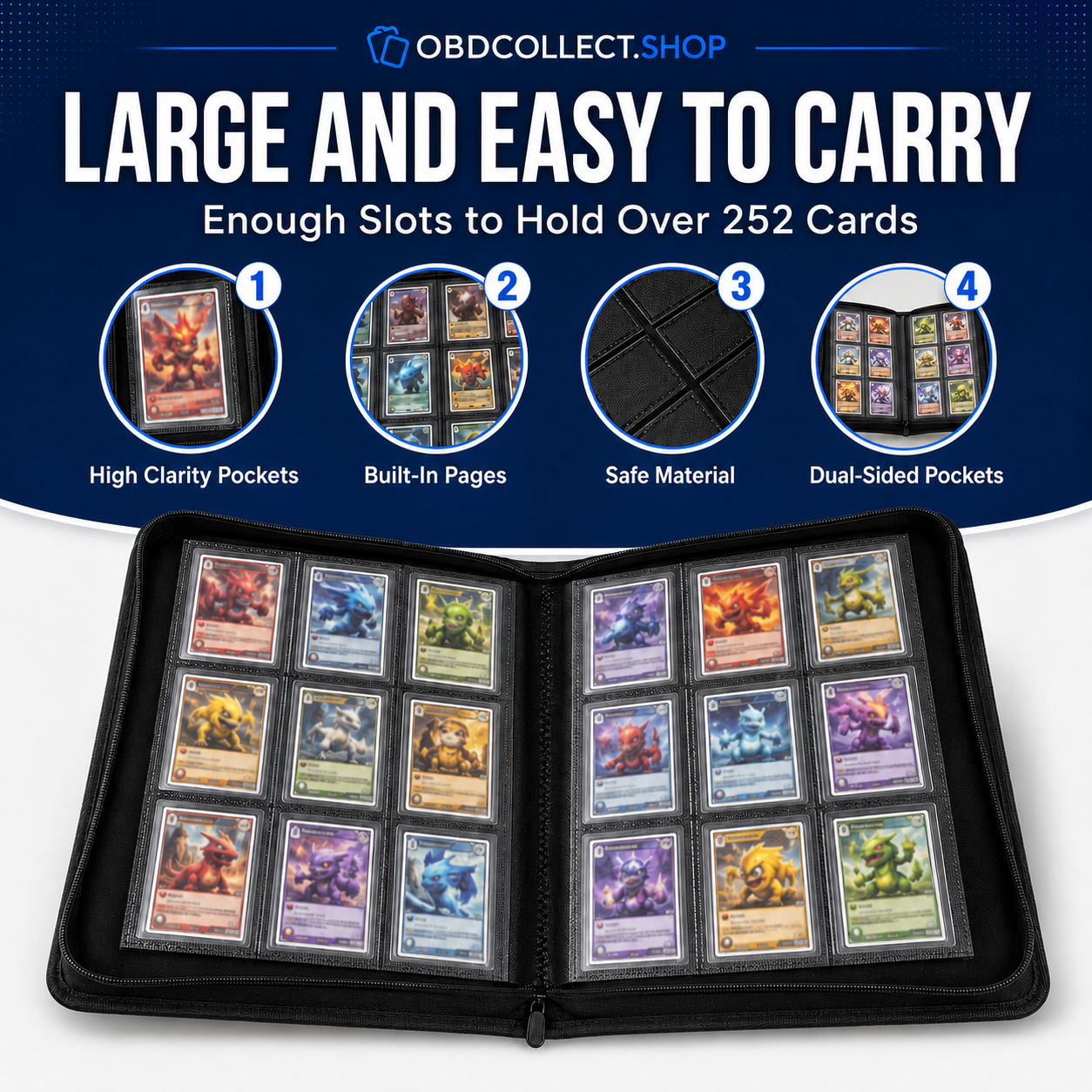 252-Card Toploader Binder with Zipper, 9-Pocket Double-Sided Pages for 3" x 4" Card Holders