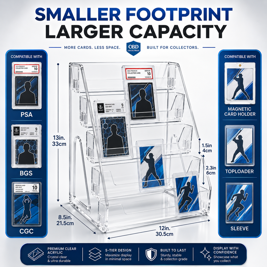 5-Tier Clear Trading Card Display Stand for Graded Slabs, Toploaders, and Magnetic Holders