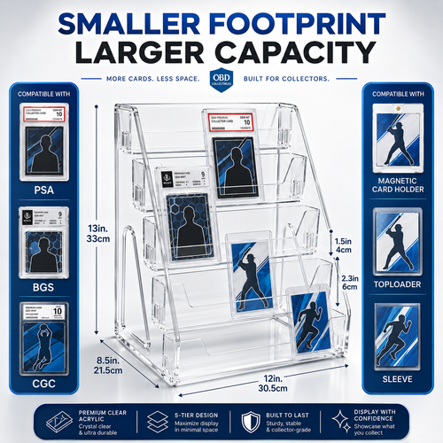5-Tier Clear Trading Card Display Stand for Graded Slabs, Toploaders, and Magnetic Holders