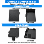 Fit guide: front cover fits STANDARD, MEGA and OMEGA front; rear cover fits OMEGA rear only. Complete Set includes two covers, shown in four views.