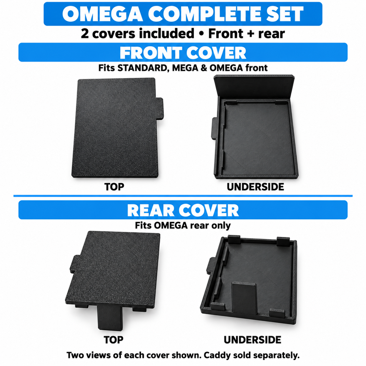 Fit guide: front cover fits STANDARD, MEGA and OMEGA front; rear cover fits OMEGA rear only. Complete Set includes two covers, shown in four views.