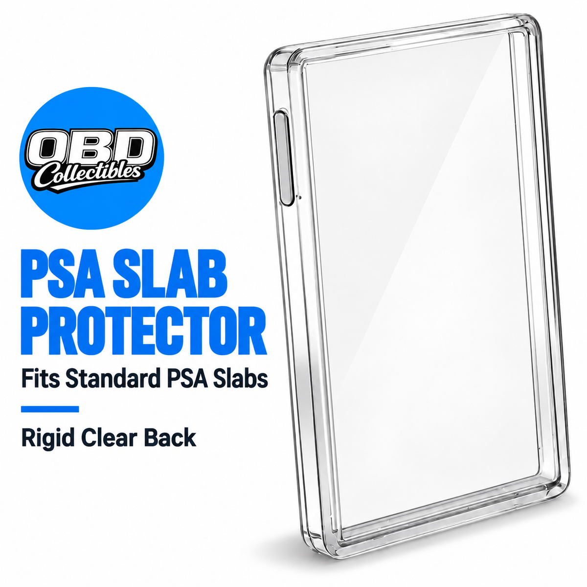 Clear PSA slab protector with TPU bumper and rigid clear back, designed for standard PSA slabs